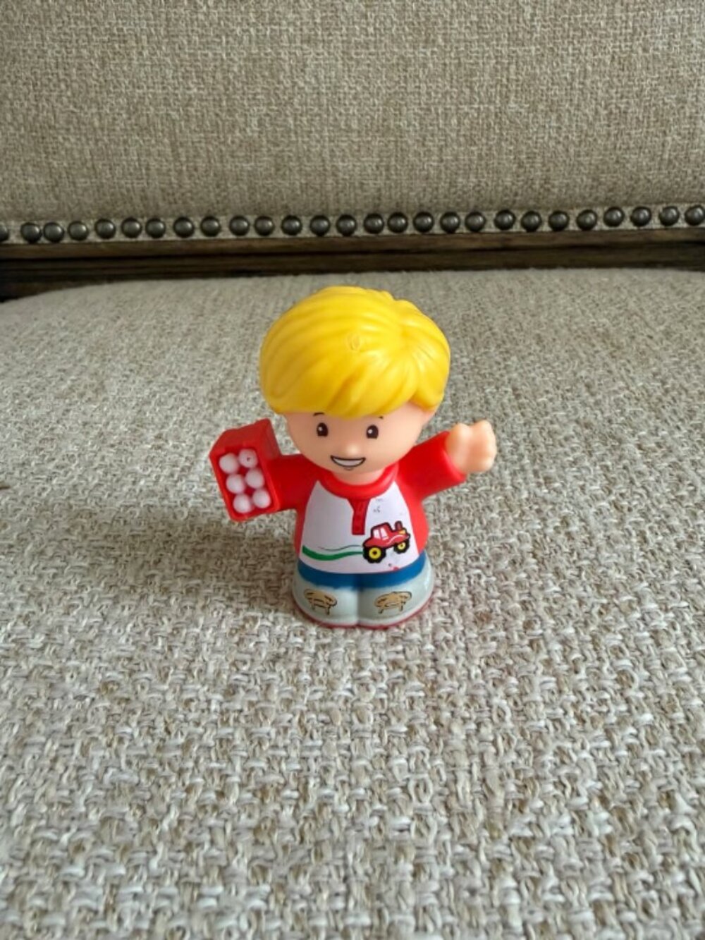 Fisher Price Little People farmer blonde Eddie holding an egg carton farm set
